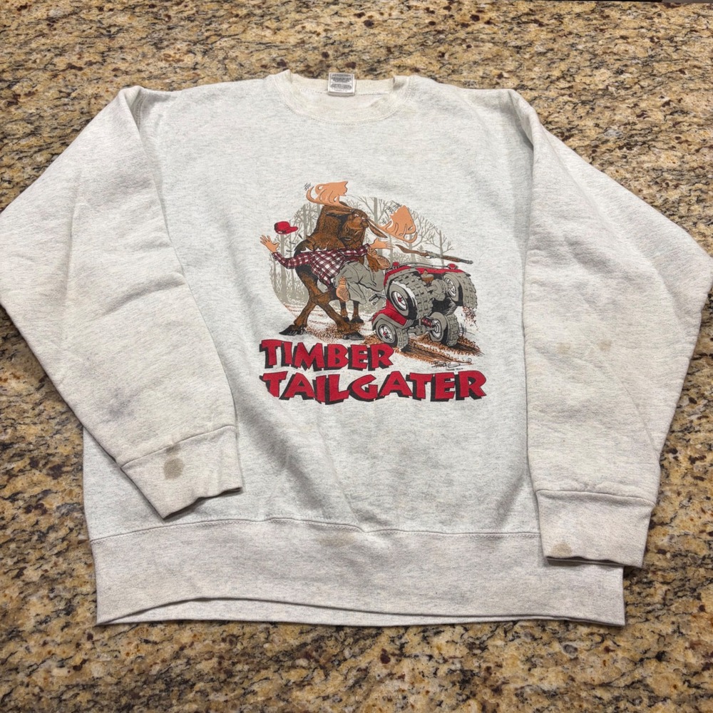 Vintage Fruit of the Loom Timber Tailgater Moose ATV Sweatshirt Gray Mens L